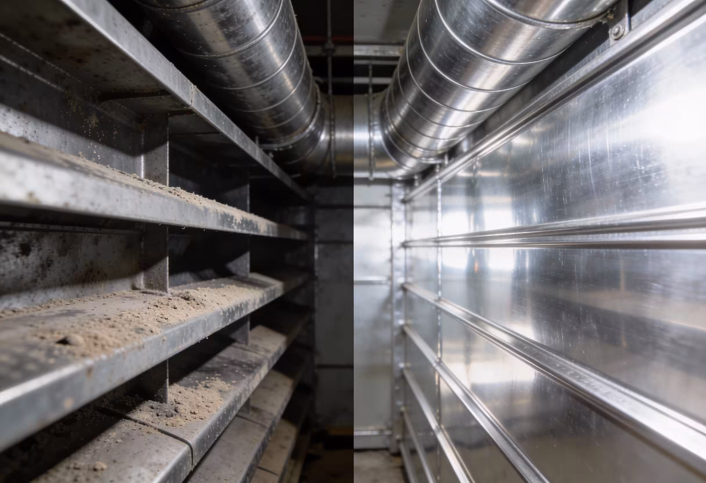 Before and after comparison of air duct cleaning, highlighting improved cleanliness and airflow.