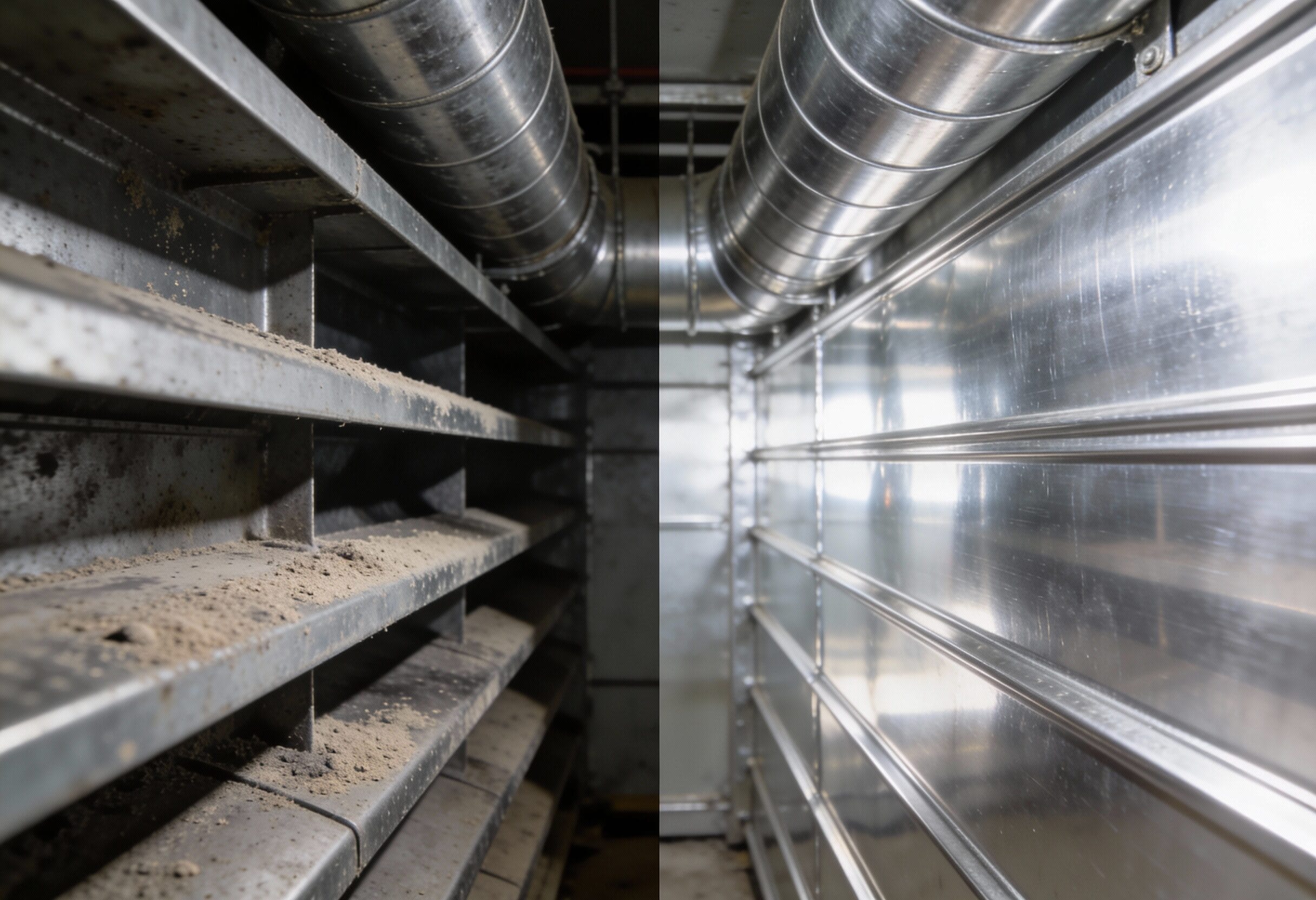 Before and after comparison of air duct cleaning, highlighting improved cleanliness and airflow.