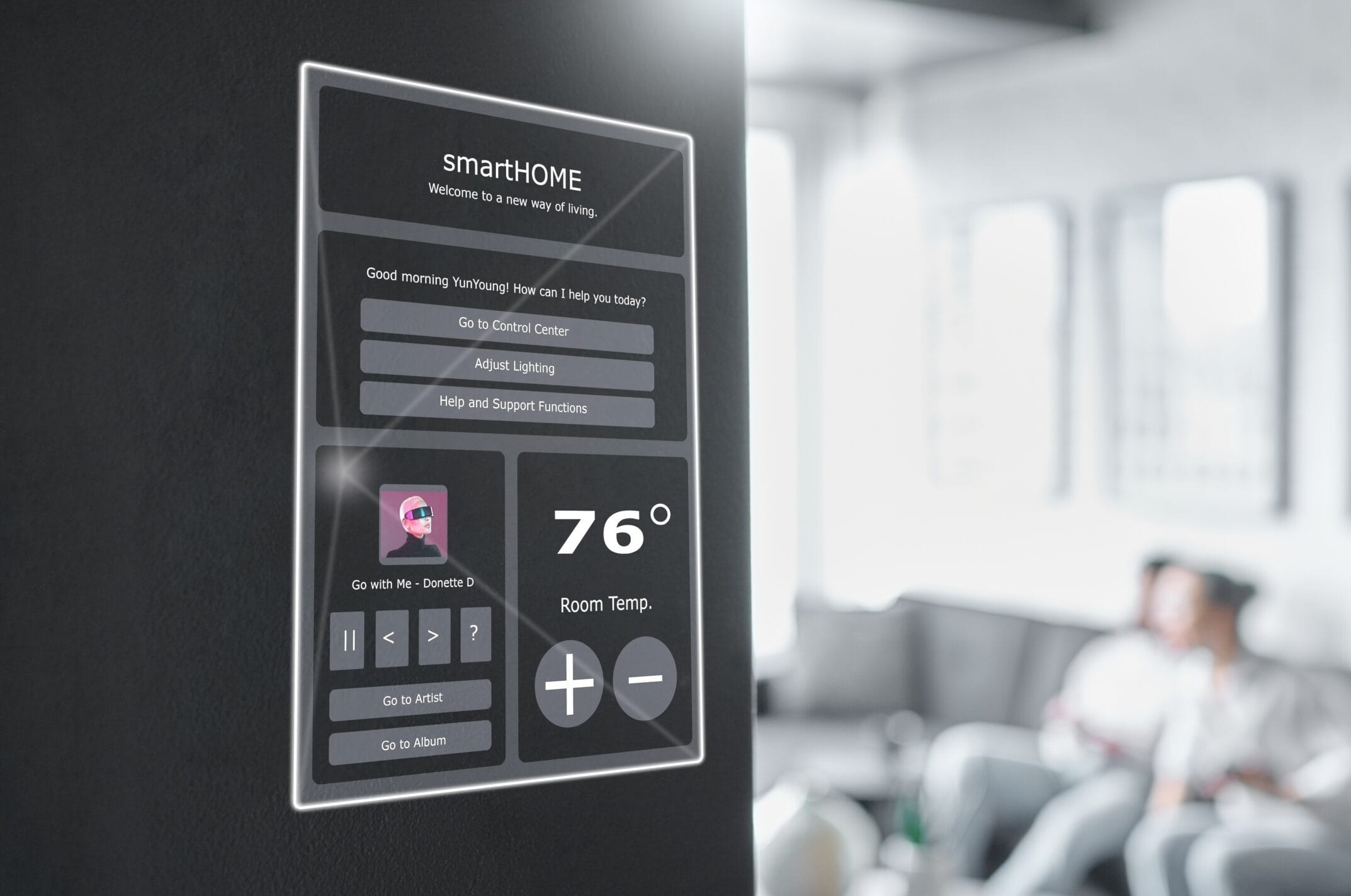 A modern digital dashboard monitor displaying smart home technology settings and controls on a sleek wall system.
