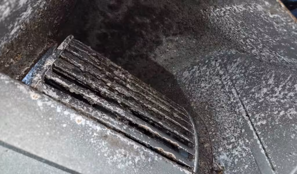 A dirty blower fan showing dust accumulation, highlighting the importance of indoor air quality maintenance.