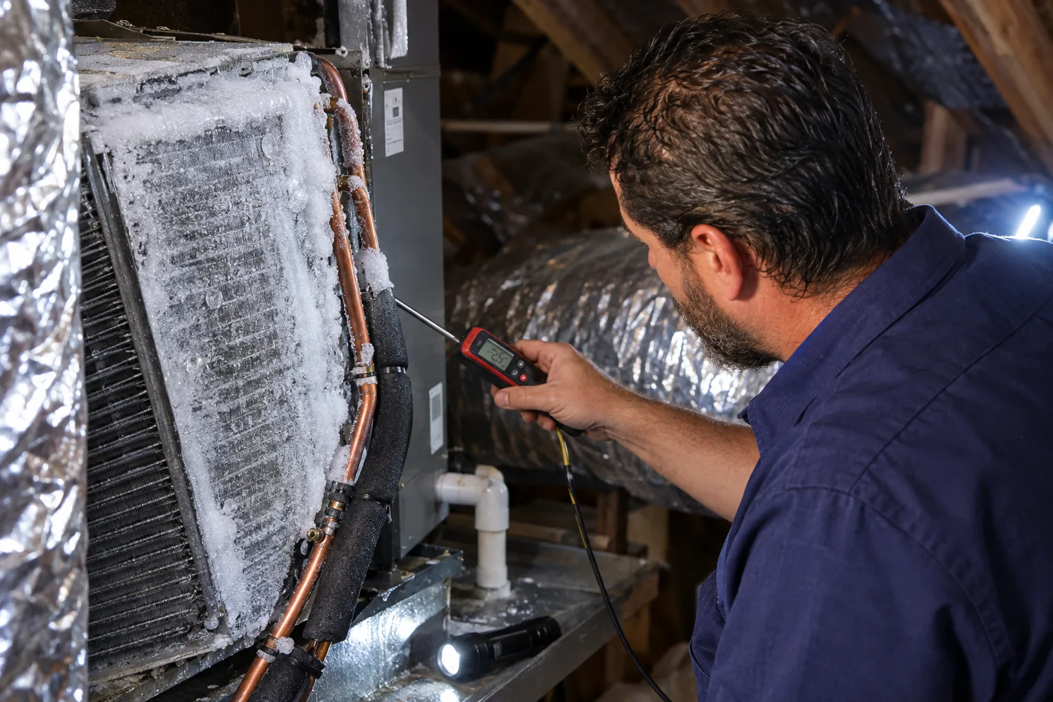 HVAC technician examining ice buildup on an indoor air conditioner coil in a Florida attic