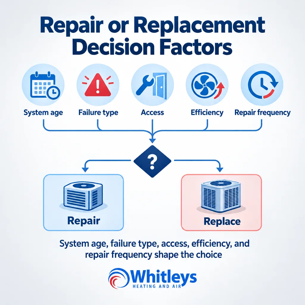 Decision chart showing how system age, failure type, access, efficiency and repair frequency influence AC repair versus replacement