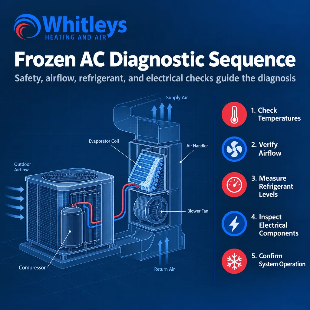 Five-step HVAC diagnostic flow for a frozen AC: check temperatures, verify airflow, measure refrigerant, inspect electrical components, confirm system operation