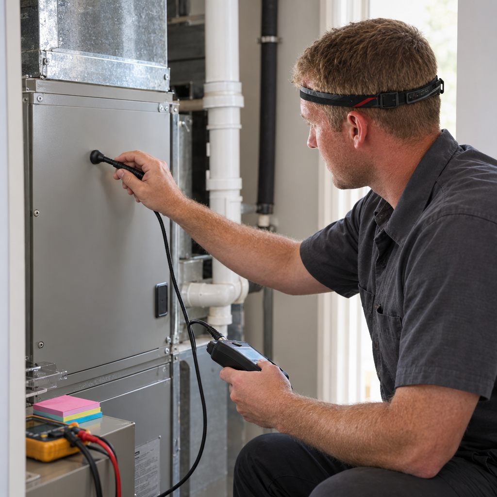 HVAC technician isolating an air conditioner noise with a listening probe
